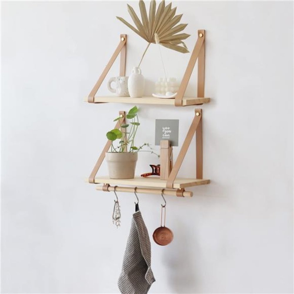 Wall Wood Floating Shelves, PU Leather Strap Storage Shelves, Set of 2 - Picture 4 of 7